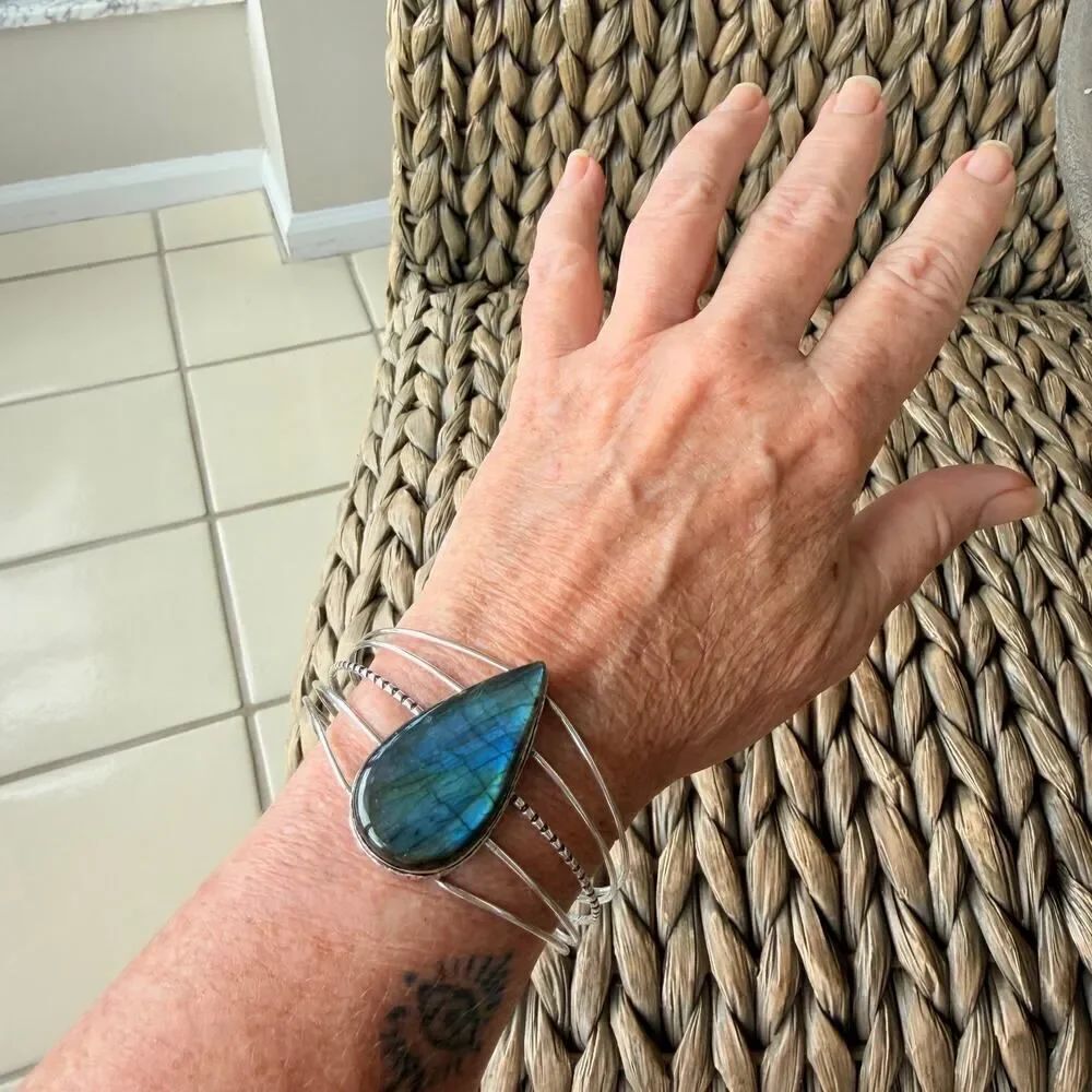 Large Labradorite Cuff Bracelet Silver Plated Blue Flash Adjustable